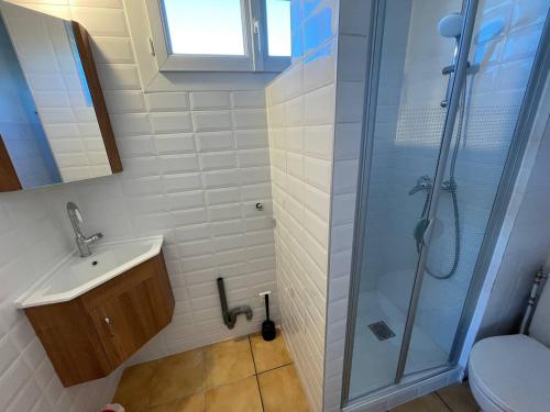 une salle de bain avec douche et lavabo dans l'établissement Vue mer, WIFI, coeur du village, piscine, tennis ...Tout à pied, à Saint-Mandrier-sur-Mer