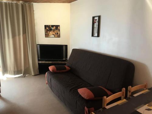 a living room with a black couch and a television at Résidence Estaris 1 - Studio pour 5 Personnes 604 in Orcières
