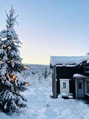 a house covered in snow next to a snow covered tree at Lillstugan Sälen by in Sälen