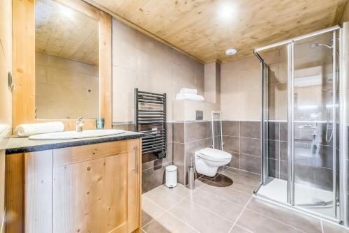 uma casa de banho com um lavatório e um chuveiro. em Résidence Les Balcons EtoilÉs - 2 Pièces pour 4 Personnes 194157 em Champagny-en-Vanoise