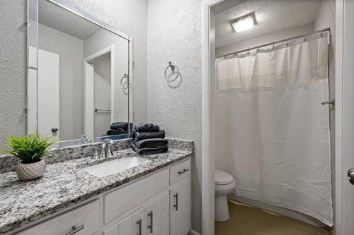 a bathroom with a sink and a toilet and a mirror at Lovely 1 bedroom apartment located in Greenhills. in Nashville