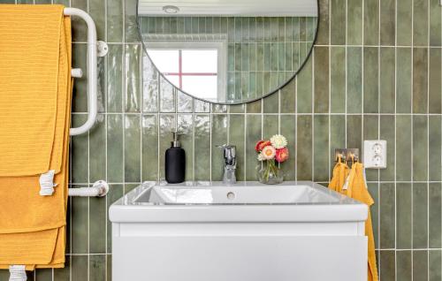 ein Badezimmer mit einem weißen Waschbecken und einem Spiegel in der Unterkunft Cozy Home In Lund With Kitchen in Lund