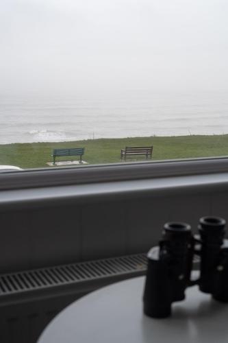 two benches are seen through a window with a table at The Wheeldale in Whitby