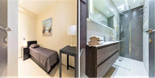 - deux photos d'une salle de bains avec un lit et une douche dans l'établissement Ô Paladium Two Bedroom Cannes, à Cannes