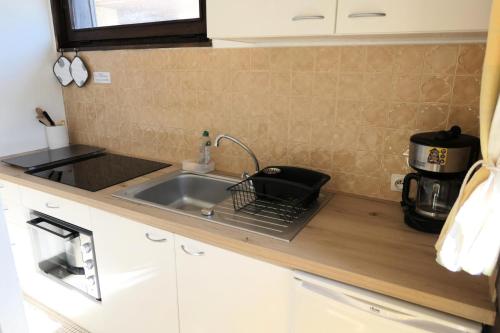 un comptoir de cuisine avec un évier et un micro-ondes dans l'établissement Résidence Castel Des Roches A - Castel des Roches R5B MAE-5296, à Saint-Gervais-les-Bains