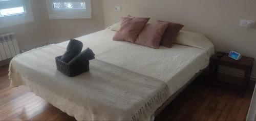 Un dormitorio con una cama grande con una cesta negra. en Doctor Gasalla, en Lugo