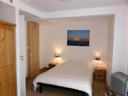 1 dormitorio con 1 cama y TV. en Chalet Champelet - Chalets pour 8 Personnes 33 en Les Contamines-Montjoie