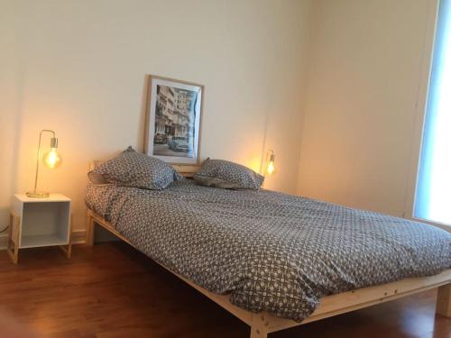 a bed with two pillows and a picture on the wall at Cosy large appartement 20 minutes downtown Paris in Villejuif