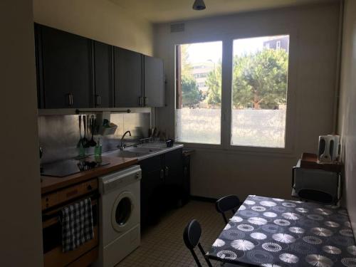 a kitchen with a sink and a table and a window at Cosy large appartement 20 minutes downtown Paris in Villejuif