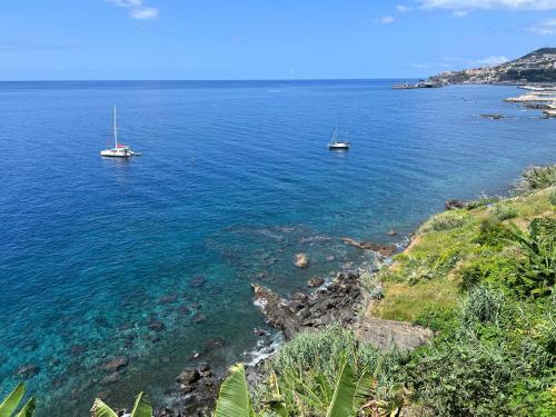 dos barcos en un gran cuerpo de agua en Irlandas Villa Funchal Seaside Villas, en Funchal