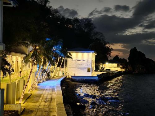 a boat is docked at a dock at night at Luckytito Anilao Resort in Mabini