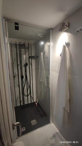 y baño con ducha y espejo. en Centro storico di Bologna via Petroni, en Bolonia