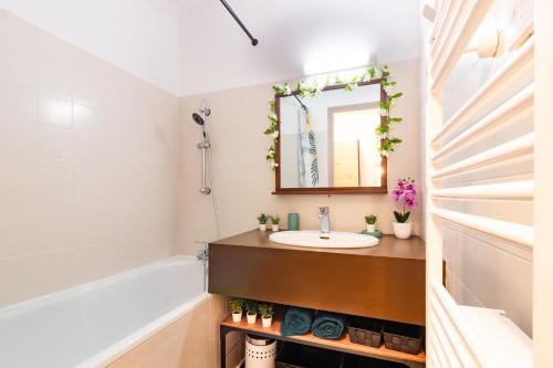 un baño con lavabo y espejo en Cocon de Luchon - Station de ski accessible à pied, en Luchon