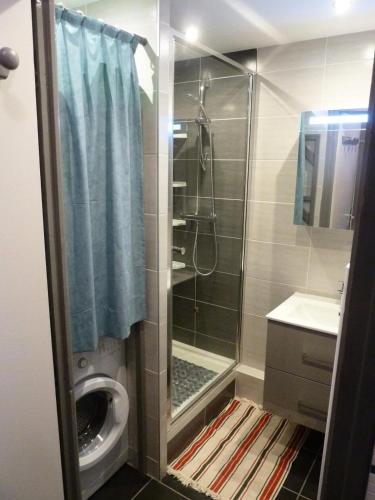 une salle de bain avec une douche avec des toilettes et un lavabo dans l'établissement Résidence Les Cretes - Studio cabine 4 personnes 2 exposé Sud MAE-8044, à Valloire