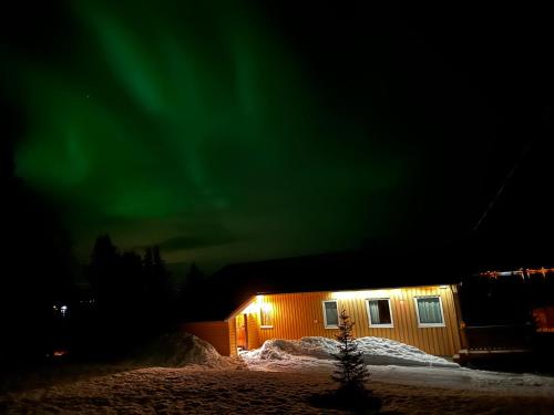 a cabin with the aurora in the sky at Senja Peak Panorama in Straumstad