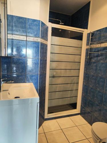 une salle de bain avec une douche, un lavabo et des toilettes dans l'établissement Résidence Palmyra - Appartement T2 au rez-de-chaussée à LE BARCARES-CAP COUDALERE MAE-6904, au Barcarès