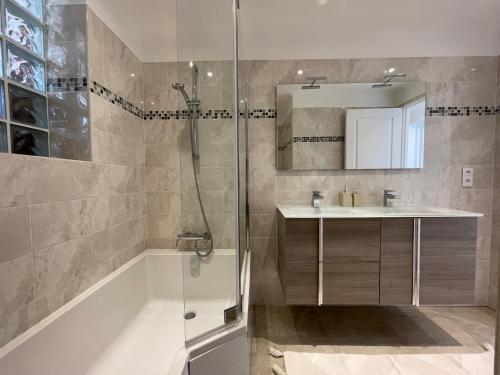 une salle de bain avec douche et lavabo dans l'établissement Villa Aloes - proche des plages, à Saint-Raphaël