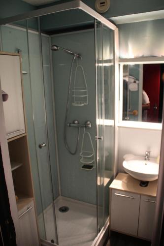 une salle de bain avec douche et lavabo dans l'établissement Résidence La Croix Du Sud - Studio cabine 4 personnes 2 exposé est MAE-9044, à Valloire