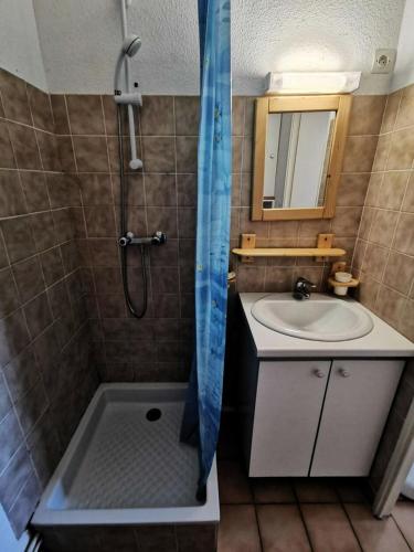 La salle de bains est pourvue d'un lavabo et d'une douche avec rideau de douche. dans l'établissement Résidence Grande Bleue - 2 Pièces 4 couchages PORT LEUCATE MAE-4474, à Port-Leucate