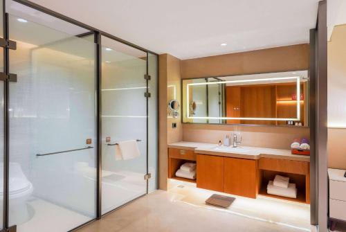 W łazience znajduje się prysznic, umywalka i toaleta. w obiekcie Howard Johnson by Wyndham Huaqiao Plaza Xinyu w mieście Xinyu