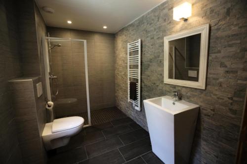 een badkamer met een toilet, een wastafel en een douche bij Les Chalets D'adrien - 3 Pièces pour 6 Personnes 74 in Valloire