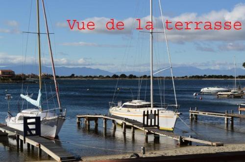 deux bateaux amarrés à un quai dans l'eau dans l'établissement Résidence Marina Plage - VILLA T2 MEZZANINE 6 couchages PORT LEUCATE MAE-5354, à Port-Leucate