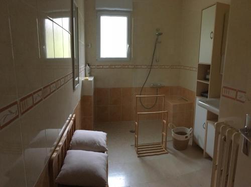 ein Badezimmer mit Kissen auf dem Boden und ein Fenster in der Unterkunft chez Anne in Tanlay