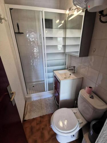 une petite salle de bain avec toilettes et douche dans l'établissement Résidence Les Arcades - 2 Pièces 4 couchages PORT LEUCATE MAE-5874, à Port-Leucate