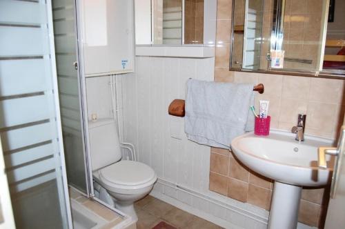 une petite salle de bain avec toilettes et lavabo dans l'établissement Résidence Hawai 1 - VILLA T1 CAB MEZZ 5 couchages PORT LEUCATE MAE-5954, à Port-Leucate
