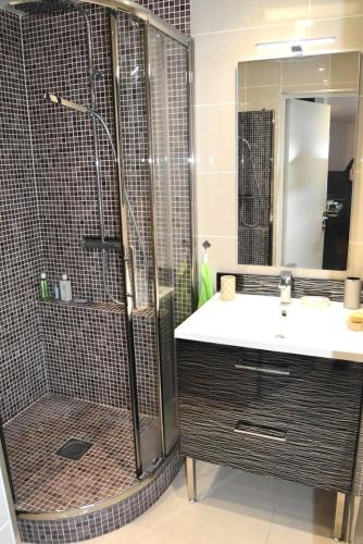 une salle de bain avec douche et lavabo dans l'établissement Résidence Soleil Levant 2 - APPT T2 CAB OU MEZZ 6 couchages LE BARCARES MAE-6084, à Port-Leucate