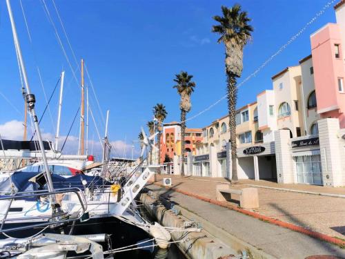 a group of boats docked in a marina with palm trees at Résidence LES TERRASSES DU PORT - 2 Pièces pour 4 Personnes 04 in Port Leucate