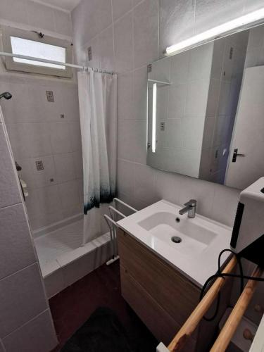 une salle de bain avec un lavabo, une douche et un miroir dans l'établissement Résidence Les Zodiaques - Appartement 3 Pièces 5 couchages PORT LEUCATE. Réf: 1ZOD_C2 MAE-6094, à Port-Leucate