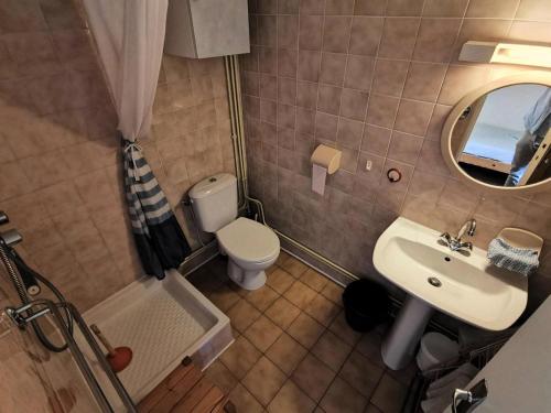 Baño pequeño con aseo y lavamanos en Résidence GRANDE BLEUE - Maisons & Villas pour 6 Personnes 294, en Port Leucate