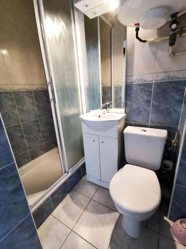 une salle de bain avec toilettes, lavabo et douche dans l'établissement Résidence Copacabana - Appartement deux pièces avec accès direct à la plage à Port Leucate. Réf: 1COP_102A MAE-6494, à Port-Leucate