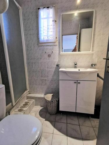 une salle de bain avec un lavabo, des toilettes et un miroir dans l'établissement Résidence Terrasses De La Mediterranee 1 - 2 Pièces 4 couchages PORT LEUCATE MAE-7064, à Port-Leucate
