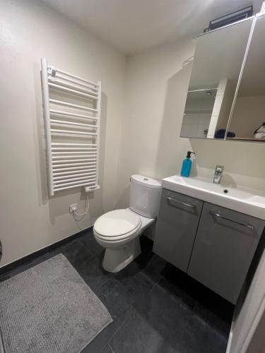 une salle de bain avec des toilettes blanches et un lavabo dans l'établissement Le cosy chic 16, à Paris