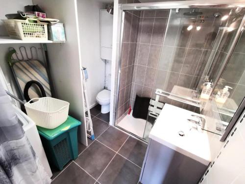 une salle de bain avec une douche, un lavabo et des toilettes dans l'établissement Résidence Grande Bleue - VILLA T2 MEZZANINE 6 couchages PORT LEUCATE MAE-7264, à Port-Leucate