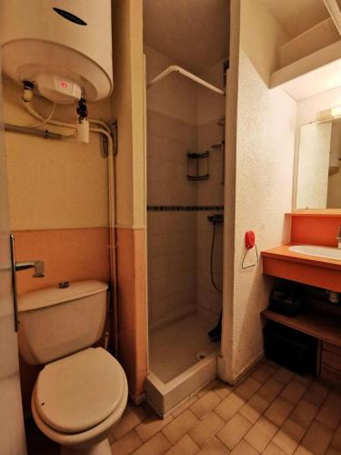 une salle de bain avec une douche, des toilettes et un lavabo dans l'établissement Résidence LES NEFS DES SABLES - Studio pour 5 Personnes 34, à Port-Leucate