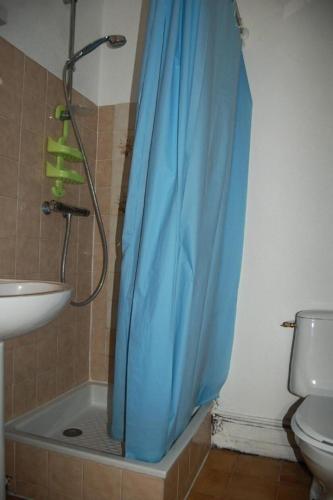une salle de bain avec une douche avec un rideau de douche bleu dans l'établissement Résidence Grande Bleue - 2 Pièces 4 couchages PORT LEUCATE MAE-7474, à Port-Leucate