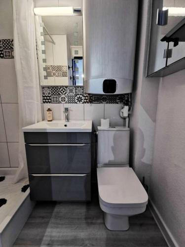une salle de bain avec toilettes, lavabo et miroir dans l'établissement Résidence Copacabana - Magnifique appartement rénové pour 4 personnes à Port Leucate. Réf: 1COP_811H MAE-6944, à Port-Leucate