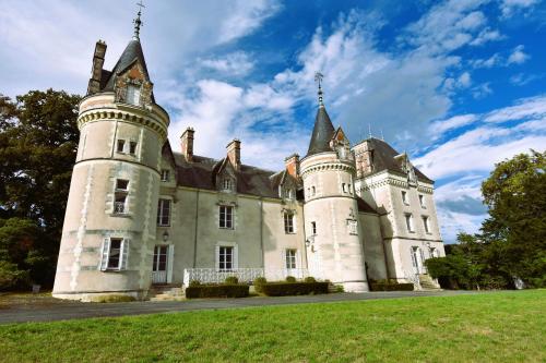 un vieux château sur un champ avec un ciel bleu dans l'établissement Château de la Pervenchère gîte Marin, à Casson