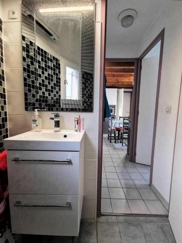 une salle de bain avec un lavabo et un miroir dans l'établissement Résidence Ile Des Pecheurs - VILLA 3 PIECES 6 couchages LE BARCARES MAE-1314, à Port-Leucate