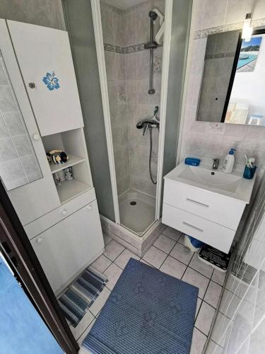une petite salle de bain avec un lavabo et une douche dans l'établissement Résidence Les Barcarelles - VILLA T2 CABINE 4 couchages LE BARCARES MAE-1334, à Port-Leucate