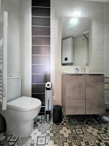 une salle de bain avec toilettes, lavabo et miroir dans l'établissement Résidence Le Canigou - Grand studio 4 couchages PORT LEUCATE MAE-4834, à Leucate