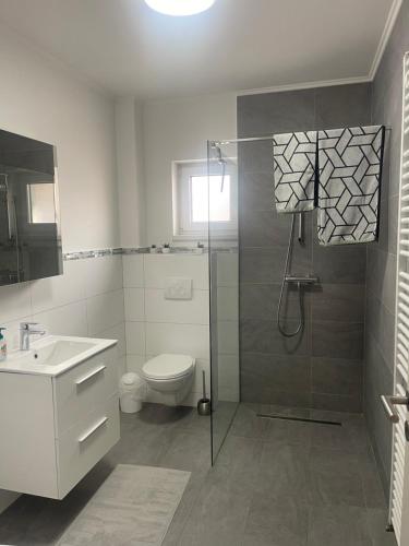 y baño con ducha, aseo y lavamanos. en Apartament NALA, en Mediaş