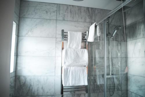 a bathroom with a shower and a towel rack at Three Salmons Hotel in Usk