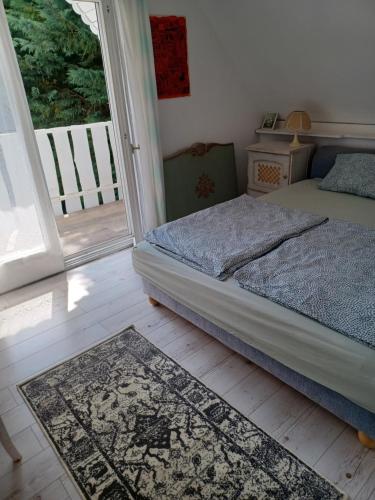 希歐福克的住宿－Kinga，一间卧室设有一张床,并有通往阳台的门