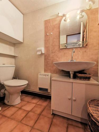 une salle de bain avec un lavabo, des toilettes et un miroir dans l'établissement Résidence Grande Bleue - VILLA T1 CAB MEZZ 6 couchages PORT LEUCATE MAE-1604, à Leucate