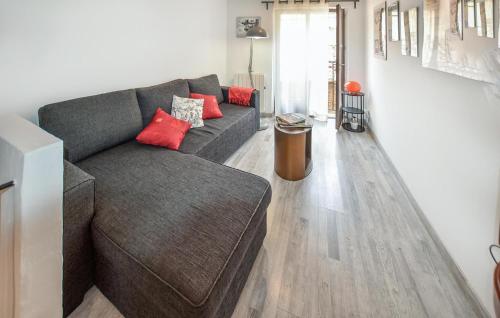 - un salon avec un canapé brun et des oreillers rouges dans l'établissement Beautiful Home In Lisle-Sur-La-Sorgue, à LʼIsle-sur-la-Sorgue