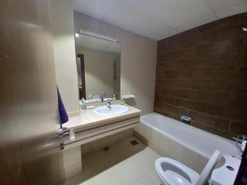 a bathroom with a sink and a toilet and a mirror at Fully furnished studio apartment in Ajman 